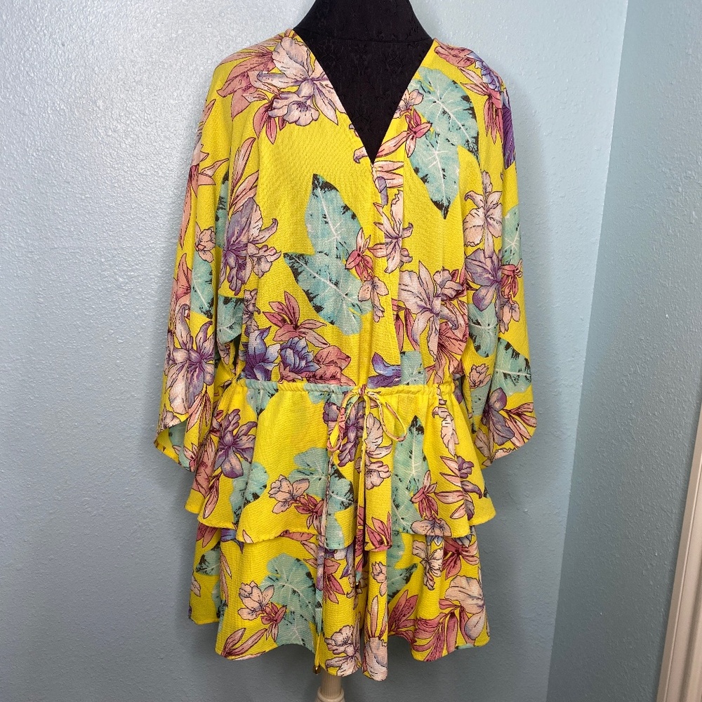 Umgee Yellow Floral Romper with Bell Sleeves and Tie Waist